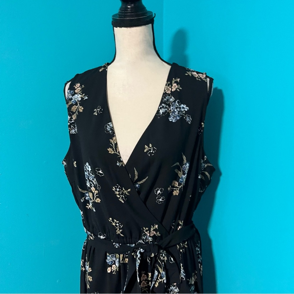 Chelsea Studio 18/20 Black Floral Print Surplice Belted Ruffle Dress - Picture 2 of 5